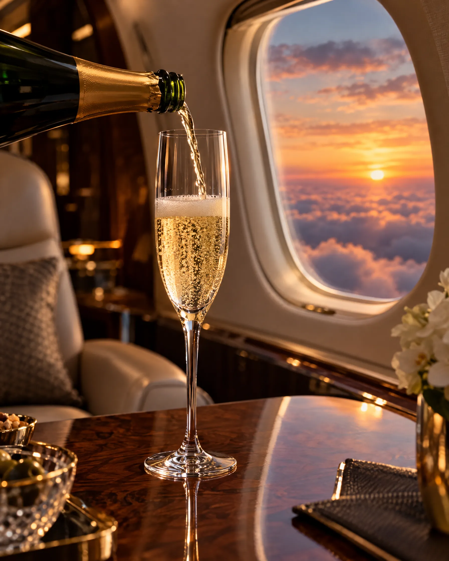 Champagne poured at sunset in the cabin