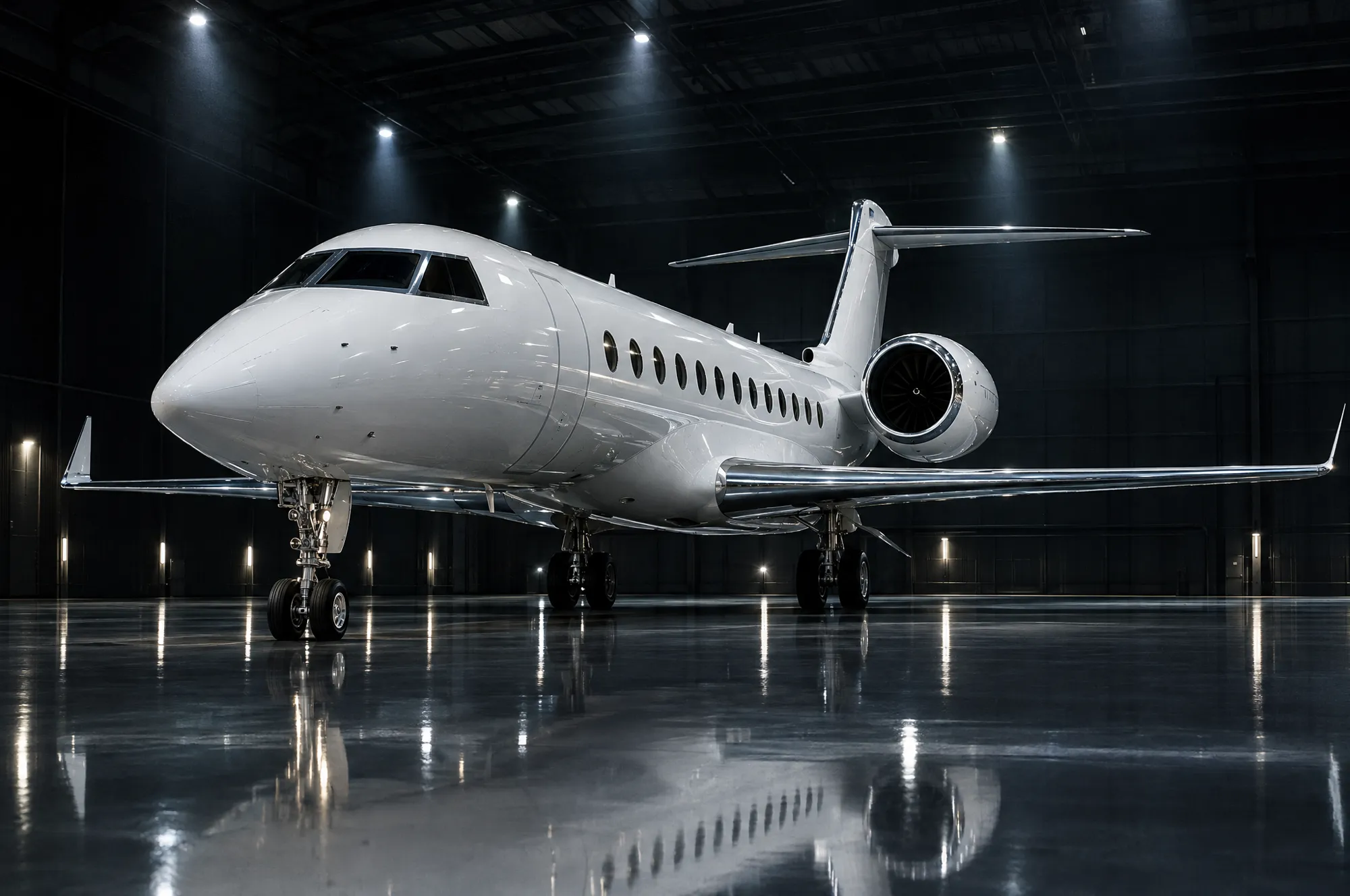 Ultra long range jet in a dark hangar