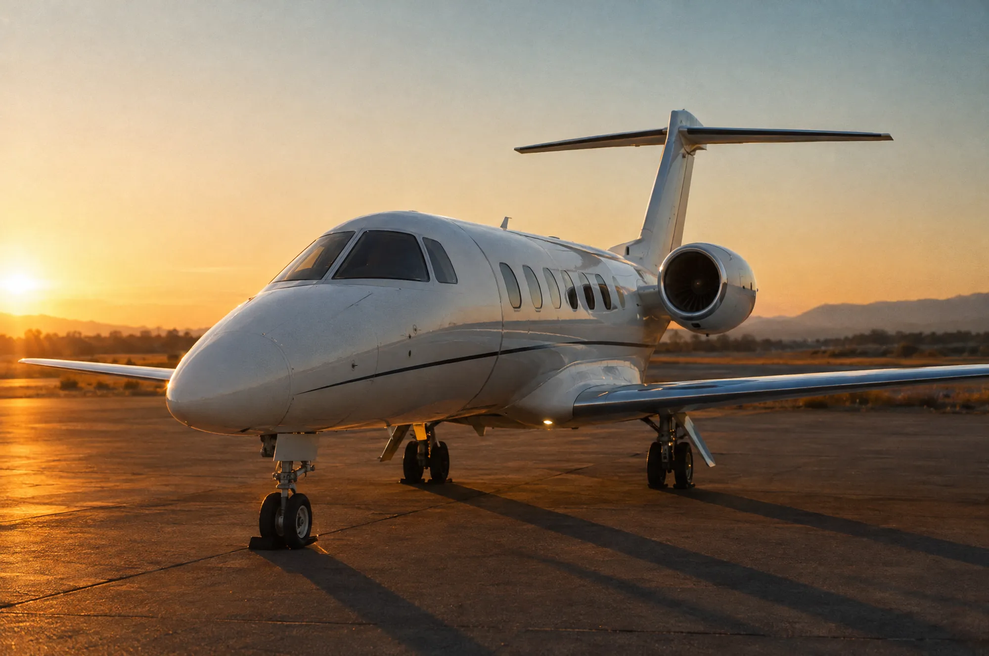 Light private jet on an airfield at golden hour