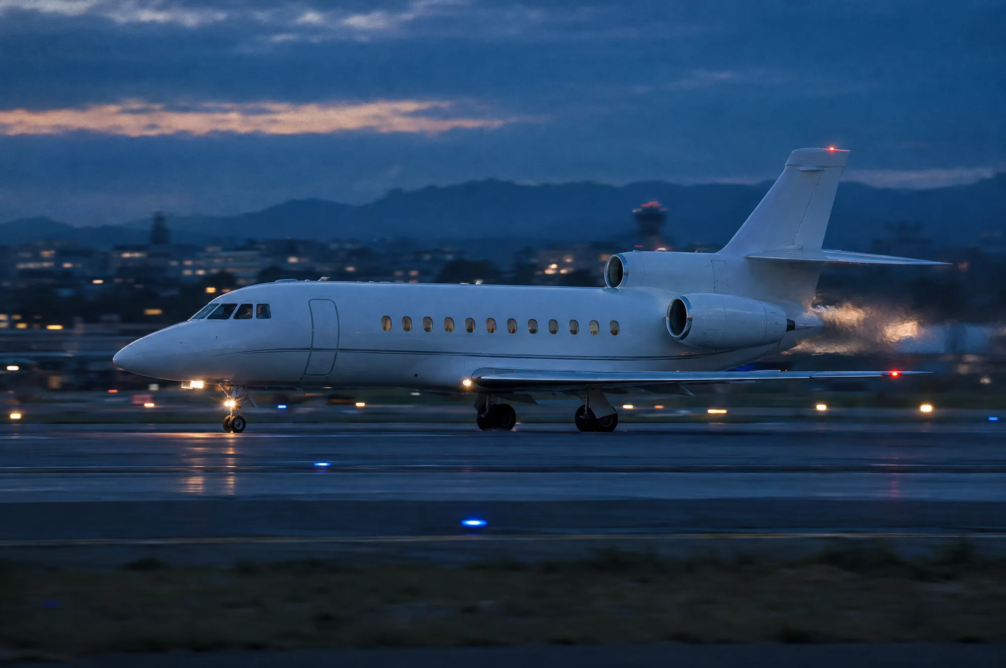 Midsize private jet taxiing at blue hour