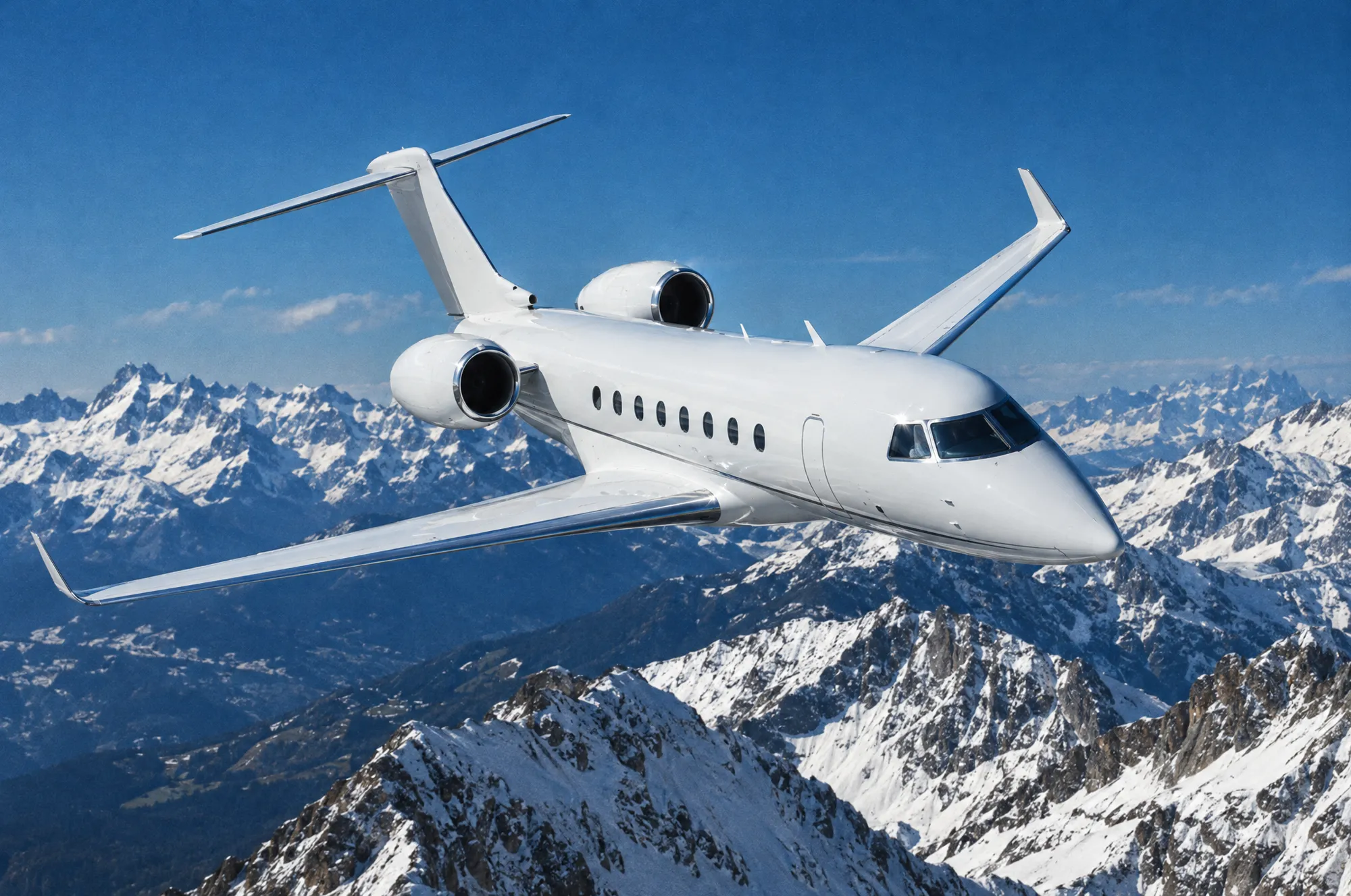 Super-midsize jet over snowy mountains