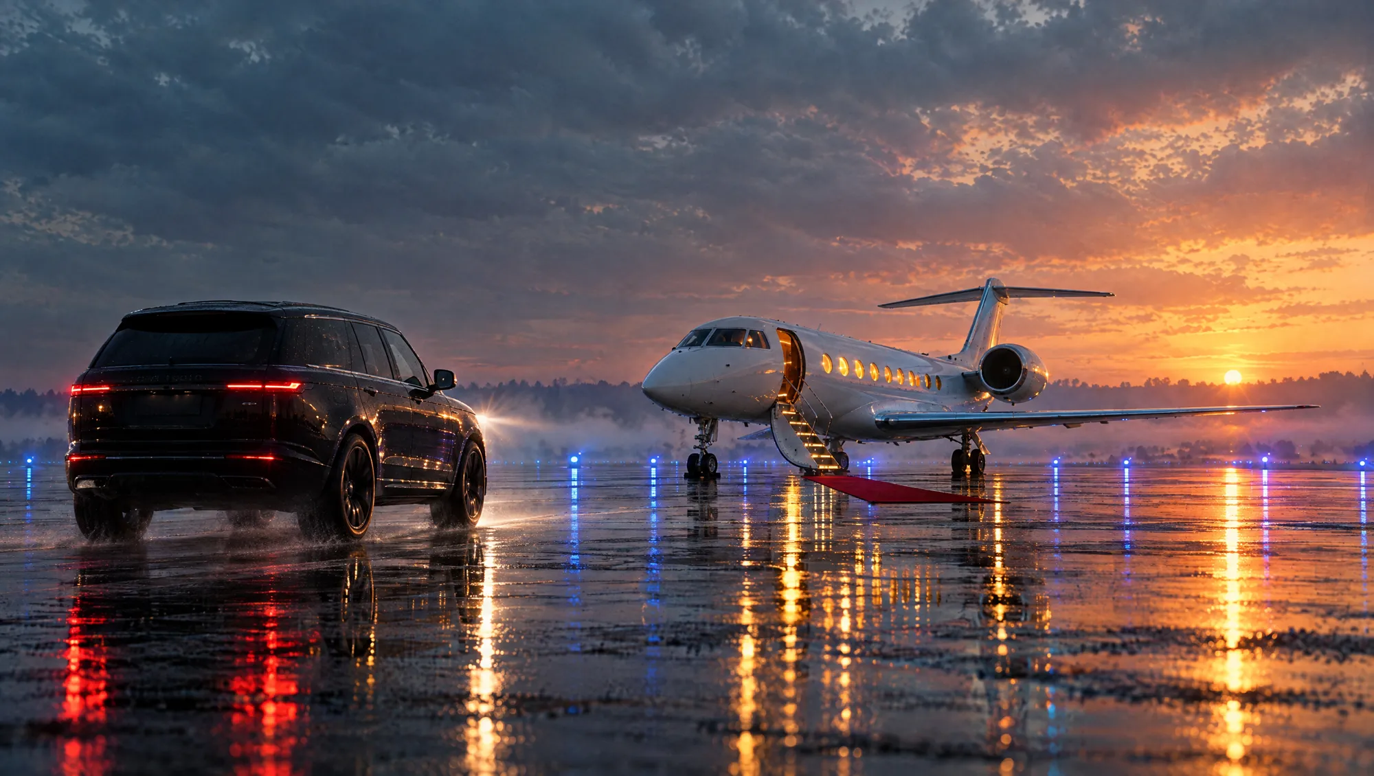 A car drives to a private jet at dawn; the camera boards, pours champagne, climbs above the clouds and lands at an island