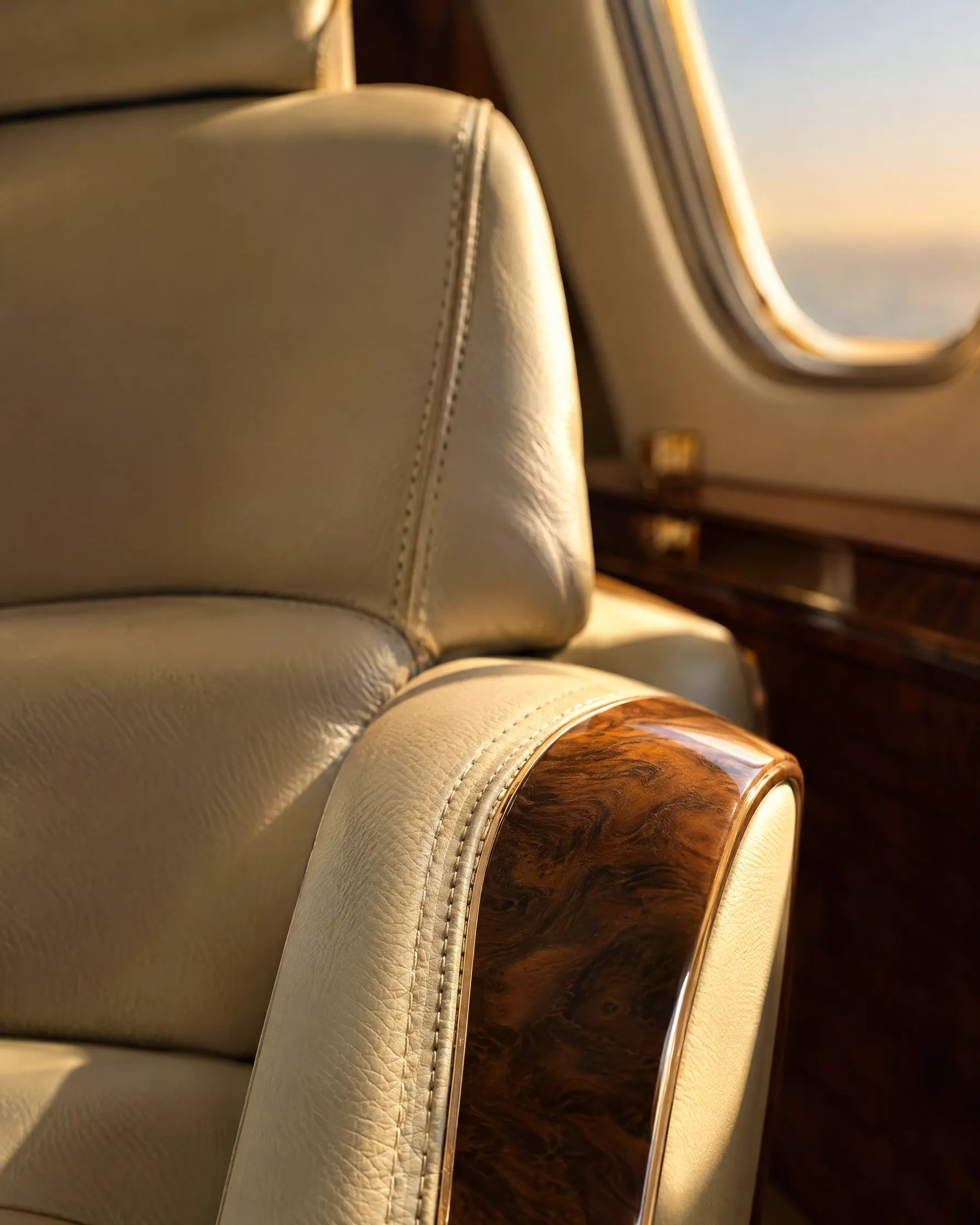 Hand-stitched leather seat and walnut armrest